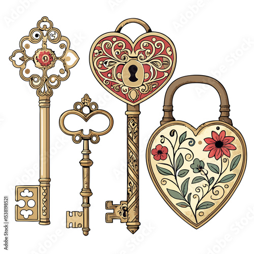 Antique Keys & Locks Set: Ornate Heart, Skeleton Key, Vintage Floral Design