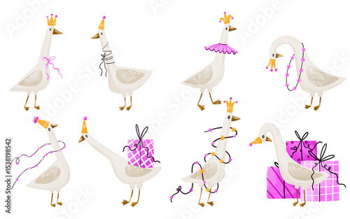 Geese collection. Set of  white duck with birthday hat, and king crown  .  Birthday celebrating hand drawn watercolor illustration on isolated background