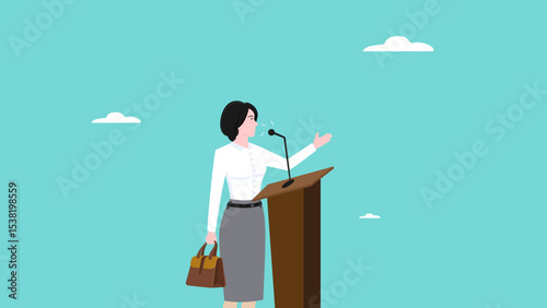 public speaking skills, executive management skill to communicate with employee, , illustration of a person expressing an opinion, business woman makes a speech giving direction to employees
