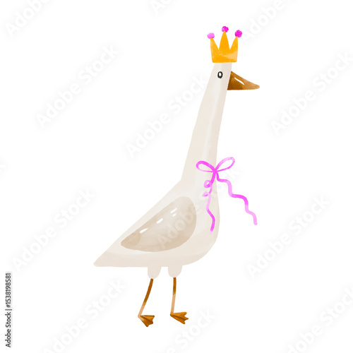 Funny white duck with crown and bow. Birthday celebrating hand drawn watercolor illustration on isolated background