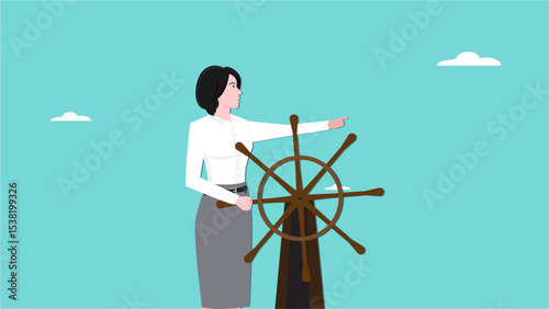 leadership skill to lead company success, direct or motivate, manager to motivate team or company to move forward, businesswoman controls the steering wheel of the ship to give direction to the team