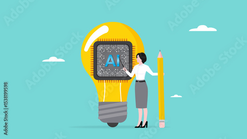 Introduction to AI, artificial intelligence to help and support work success, AI as the control center, innovation to change business, business woman presents light bulb idea with AI chip