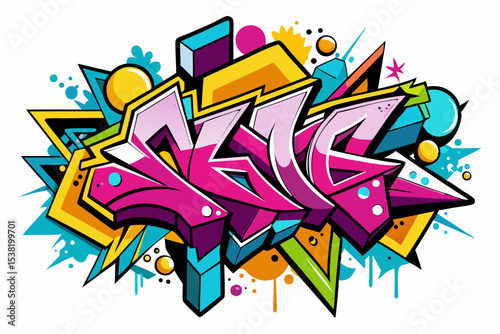 Vibrant abstract background featuring geometric shapes in Memphis style. Includes bold triangles in pink, teal, yellow, and purple, combined with dotted