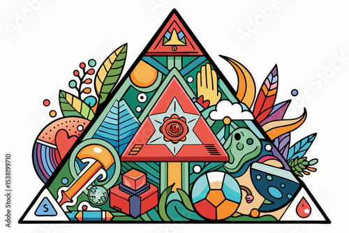 Vibrant abstract background featuring geometric shapes in Memphis style. Includes bold triangles in pink, teal, yellow, and purple, combined with dotted