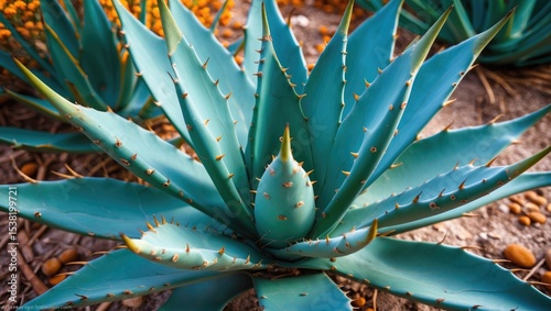 Agave close-up image showing stiffly erect leaves with moderately-spaced spines and sharp marginal teeth, very fibrous inside.