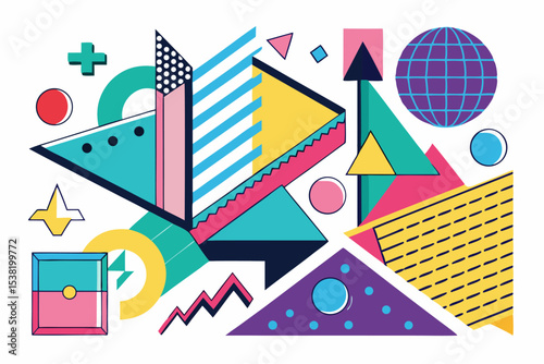 Vibrant abstract background featuring geometric shapes in Memphis style. Includes bold triangles in pink, teal, yellow, and purple, combined with dotted
