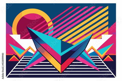 Vibrant abstract background featuring geometric shapes in Memphis style. Includes bold triangles in pink, teal, yellow, and purple, combined with dotted