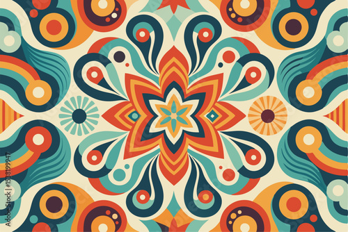 Vibrant abstract background featuring geometric shapes in Memphis style. Includes bold triangles in pink, teal, yellow, and purple, combined with dotted