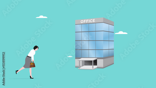 lazy employee come to office, lazy office worker walking sluggishly towards the office, low performance woman employee on work place