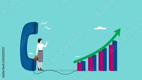 telemarketing strategy to generate lead or sales, telephone call expert to communicate products or services to consumers, woman sales agent talk in phone call and followed by a sales growth graph