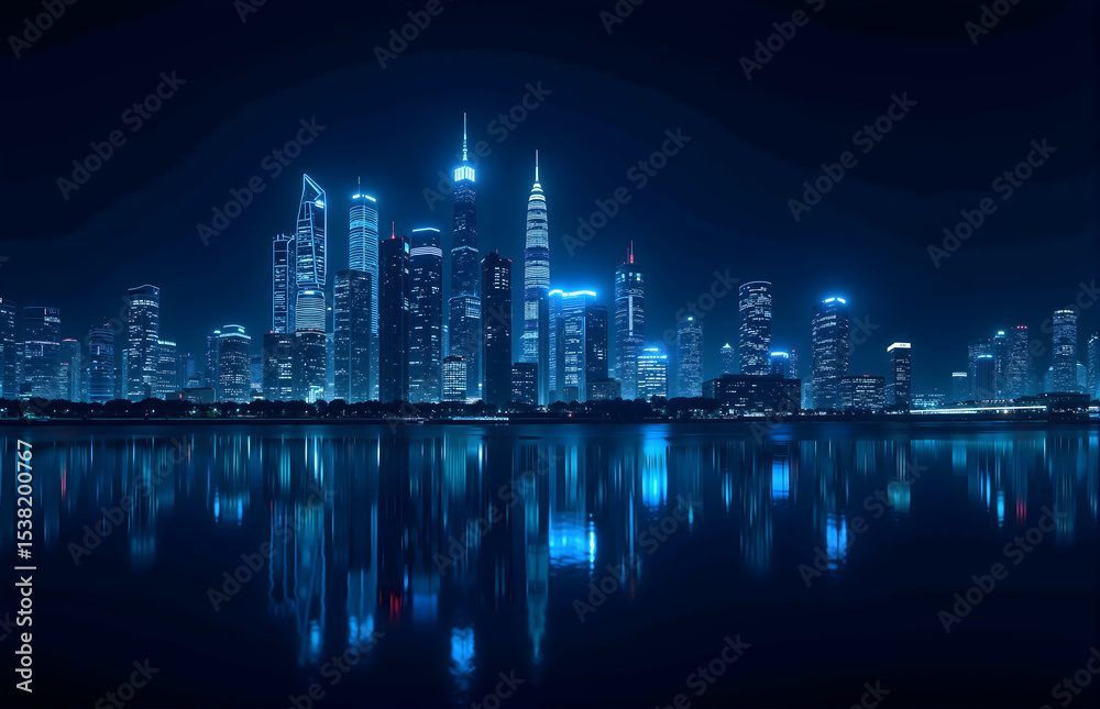 Fototapeta premium Urban Night View: Buildings & Water Reflections