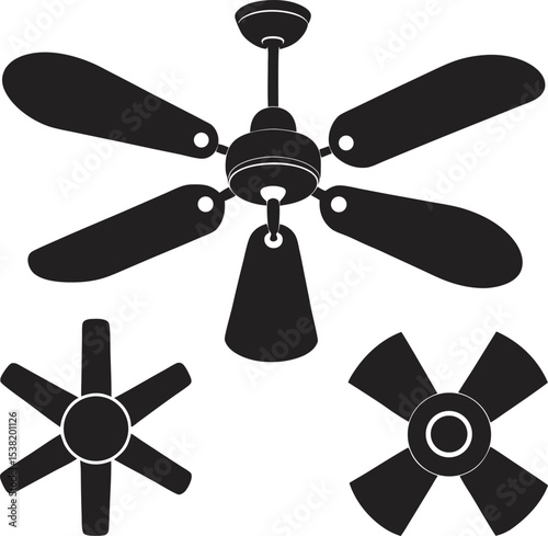A collection of stylized illustrations depicting various types of fans, including ceiling, desk, and stand fans, presented with a clean and minimalist aesthetic
