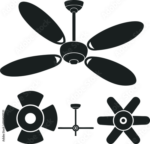 A collection of stylized illustrations depicting various types of fans, including ceiling, desk, and stand fans, presented with a clean and minimalist aesthetic