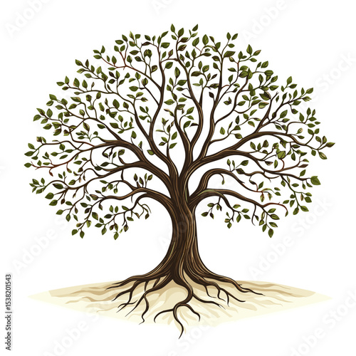 Tree of life design, clear defined branches and roots, solid green and brown colors, symbolizing growth, connection to nature, and eternal life, no gradients, pure white background.

