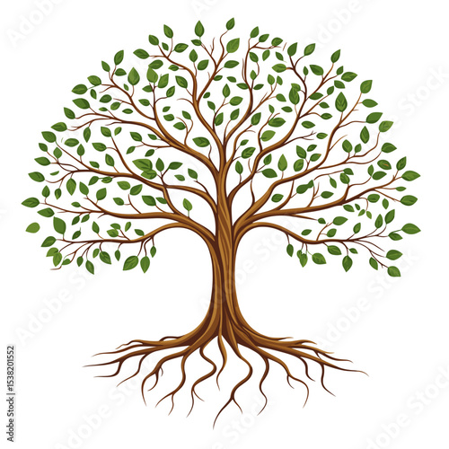 Tree of life design, clear defined branches and roots, solid green and brown colors, symbolizing growth, connection to nature, and eternal life, no gradients, pure white background.

