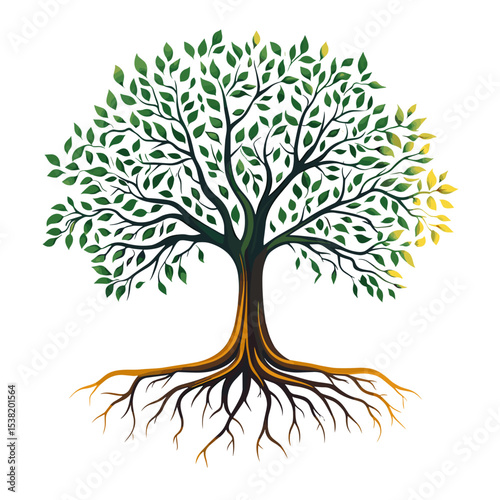 Tree of life design, clear defined branches and roots, solid green and brown colors, symbolizing growth, connection to nature, and eternal life, no gradients, pure white background.

