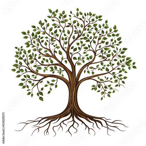 Tree of life design, clear defined branches and roots, solid green and brown colors, symbolizing growth, connection to nature, and eternal life, no gradients, pure white background.

