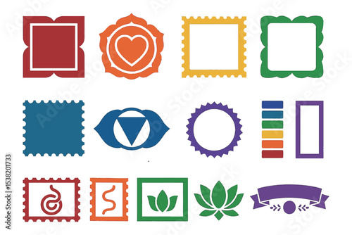 Colorful Chakra Symbol and Stamp Icon Collection for Yoga and Wellness Design