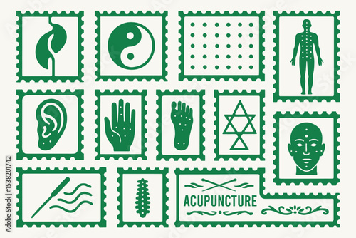 Green Acupuncture Icon Set with Traditional Chinese Medicine and Meridian Point Symbols
