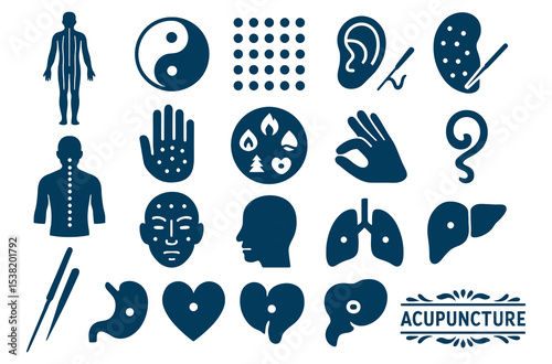 Acupuncture Icons Set with Human Body Meridian Points and Traditional Chinese Medicine Symbols