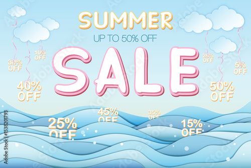 Summer sale banner featuring Summer sale and 50% off inscription, sea, clouds. Banner made in paper craft style, 3D, layered. Vector EPS illustration, eazy to edit