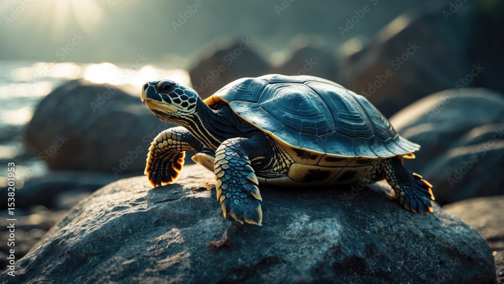 Obraz premium A turtle sunbathing on a rock
