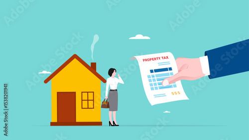 property tax, business tax in the property sector, real estate or property tax appraisal, business woman standing with his property receiving a piece of tax bill paper