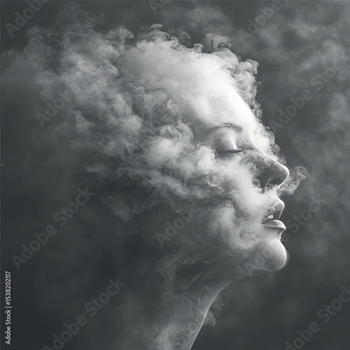 girl's face in smoke, black and white vector, graphics
