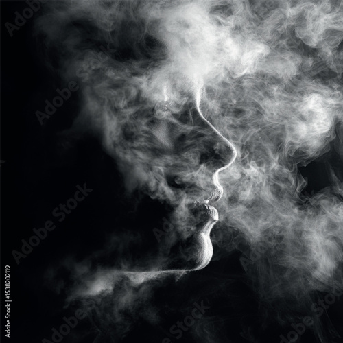 girl's face in smoke, black and white vector, graphics
