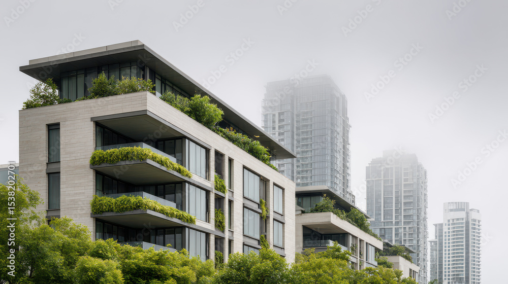 Obraz premium modern urban landscape featuring buildings with green balconies and lush vertical gardens