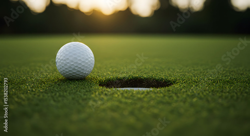 Golf Ball Near Hole on Green Grass in Sunset Light