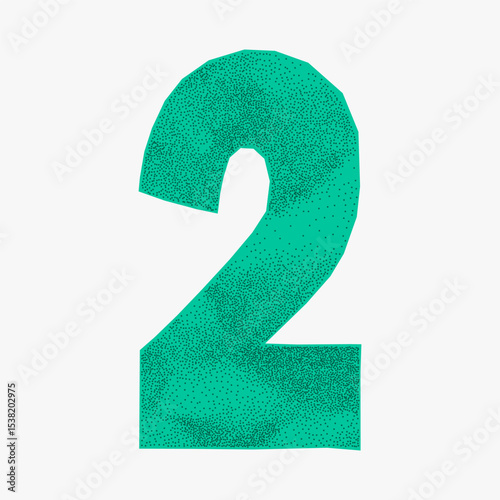 Playful number 2 in bright green colors, collage style ransom note. Jagged edges and textured crumpled paper create a fun, childlike digit design.