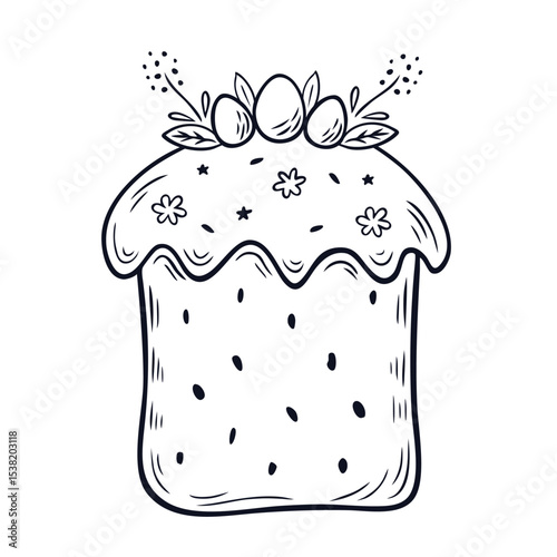 Easter cake in doodle style isolated on white. Easter cake with icing and sprinkles. Element for poster, postcard, cover, advertising design. Vector illustration