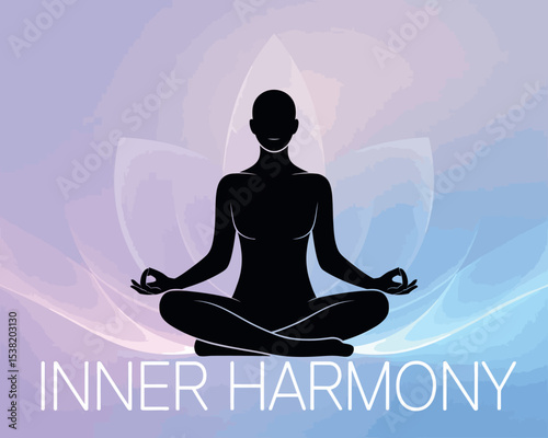 Meditative Woman Silhouette in Lotus Pose with Lotus Petals and Inner Harmony Theme