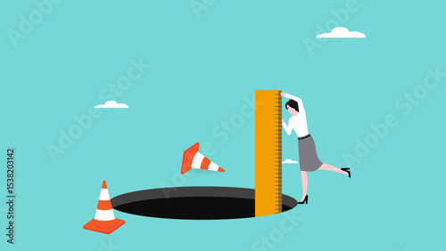 risk estimation, estimate business risk, business woman using a ruler measures the depth of a hole on the road