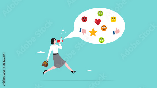 customer experience, comments regarding service or product quality, CX or UX user experience, customer feedback, woman using megaphone giving experience rating with speech bubble and feedback icon