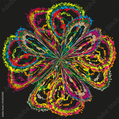 Multicolor petal shape. Abstract flower vector. Bright loop form. Black background.