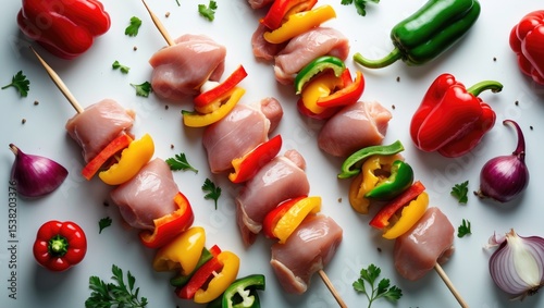 Top View. Raw chicken leg meat skewers with vegetables, peppers, onions, on a white background. Uncooked mixed meat skewers with peppers and pieces of raw meat, including red, yellow, and green pep... photo