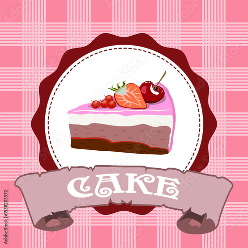 Sweet dessert in the banner.Vector color illustration of sweet dessert presentation on checkered background.