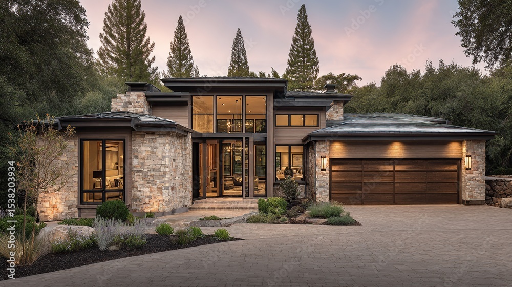 Modern home with stone facade, glass walls, and a wooden garage door, nestled in a wooded setting at twilight Modern home with stone facade, glass walls, and a wooden garage door, nestled in a wooded setting at twilight
