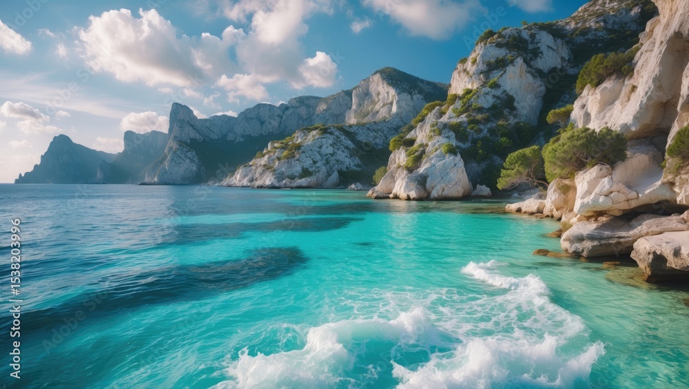 Fototapeta premium Stunning coastal destination known for its crystal-clear turquoise waters and picturesque scenery with empty copy space for text