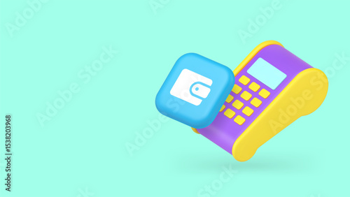 Shopping POS terminal machine wallet payment financial transaction copy space banner. Mobile paying electronic device shop store supermarket checkout commercial purchase