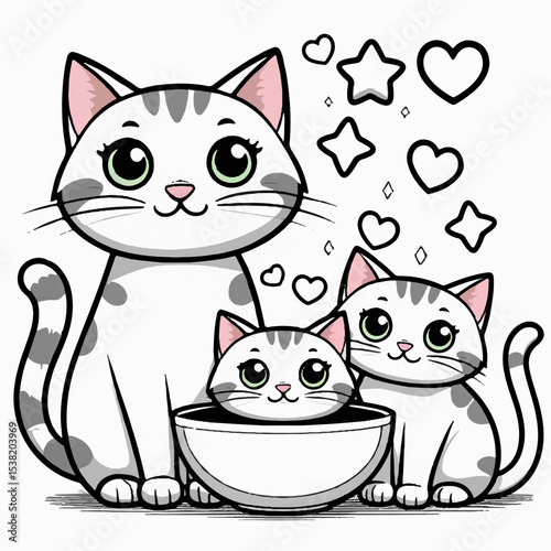 Cute cartoon vector illustration of funny domestic cats set of adorable three white cats with a bowl