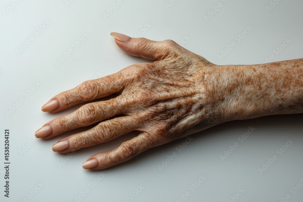 Fototapeta premium Aged hand with hyperpigmentation and age spots, lighter skin contrasts with brown patches, veins and textures softly lit on white background.