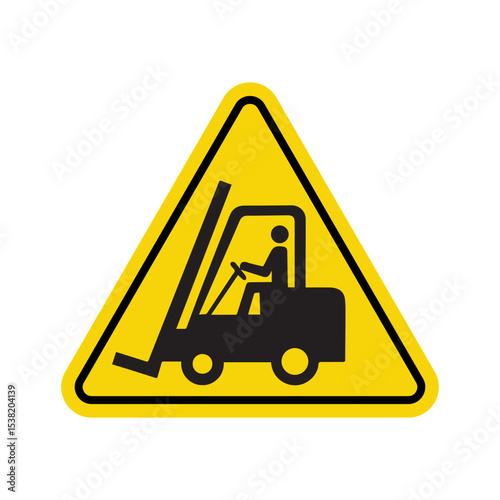 Warning sign featuring forklift operator in action, industrial safety alert symbol, yellow triangular design