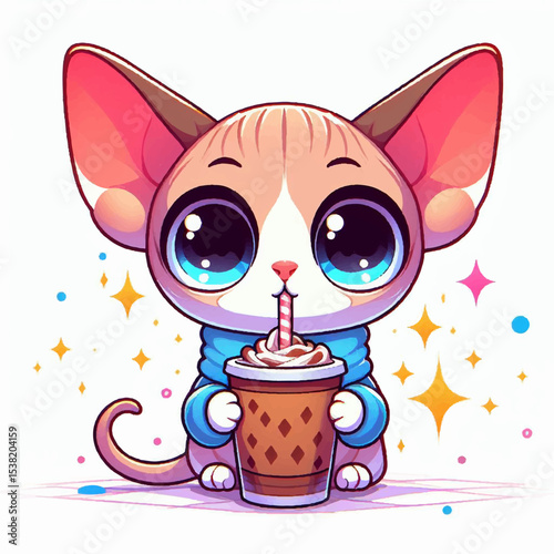cute kawaii siamese kitten drinking a shake vector illustration
