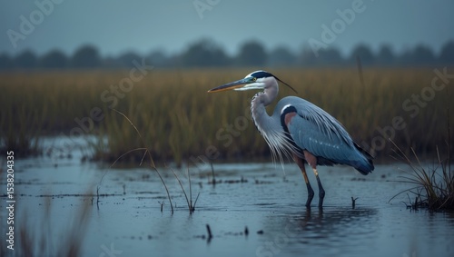 A single Blue Heron in the marsh fishing