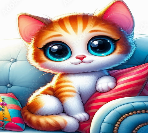 Cute cartoon kawaii kitten, funny illustration of pet sitting comfortably on the sofa
