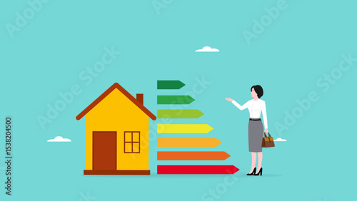 business energy efficiency, energy savings at home or business industry, saving rate for reduce carbon footprint, woman presents house with energy efficient rating class to save cost green energy