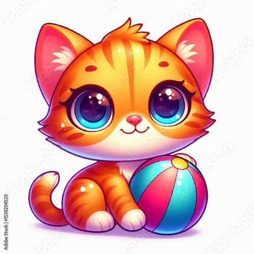 Cute, funny and happy vector illustration of a smiling domestic ginger kawaii kitten with a colorful ball